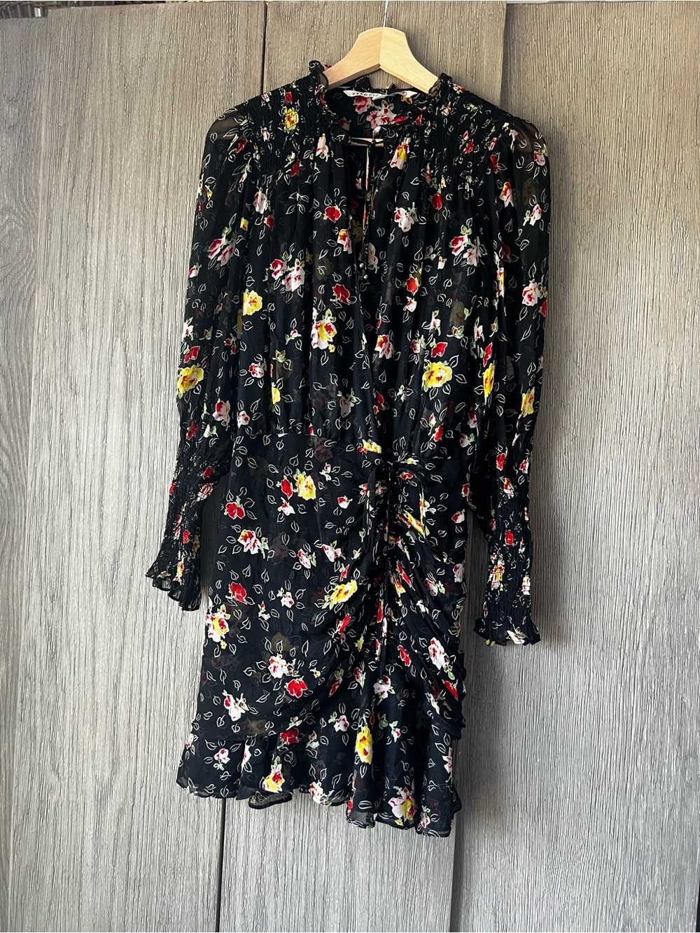 Veronica Beard Black Floral Long-Sleeve Ruffle Dress